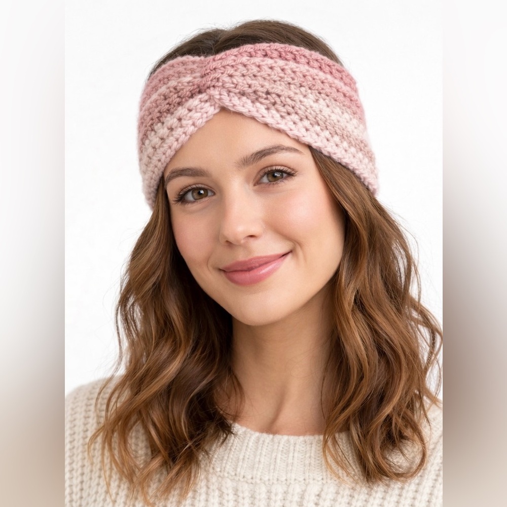 Hand Knit Crochet Twist Headband Ear Warmer Pink Ombre Soft Winter Accessory